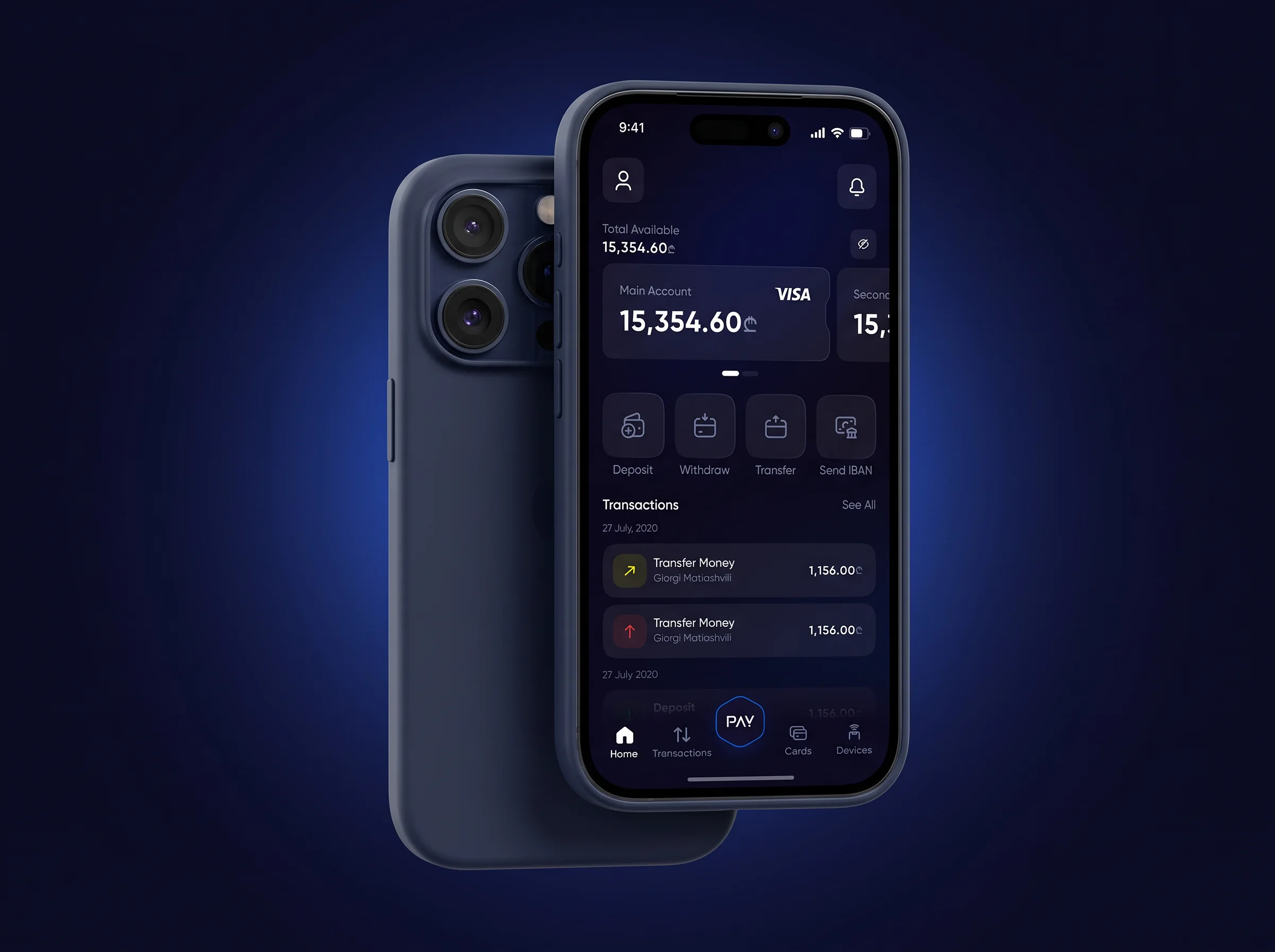 MultiPay wallet on two iPhones in navy cases against a navy backdrop