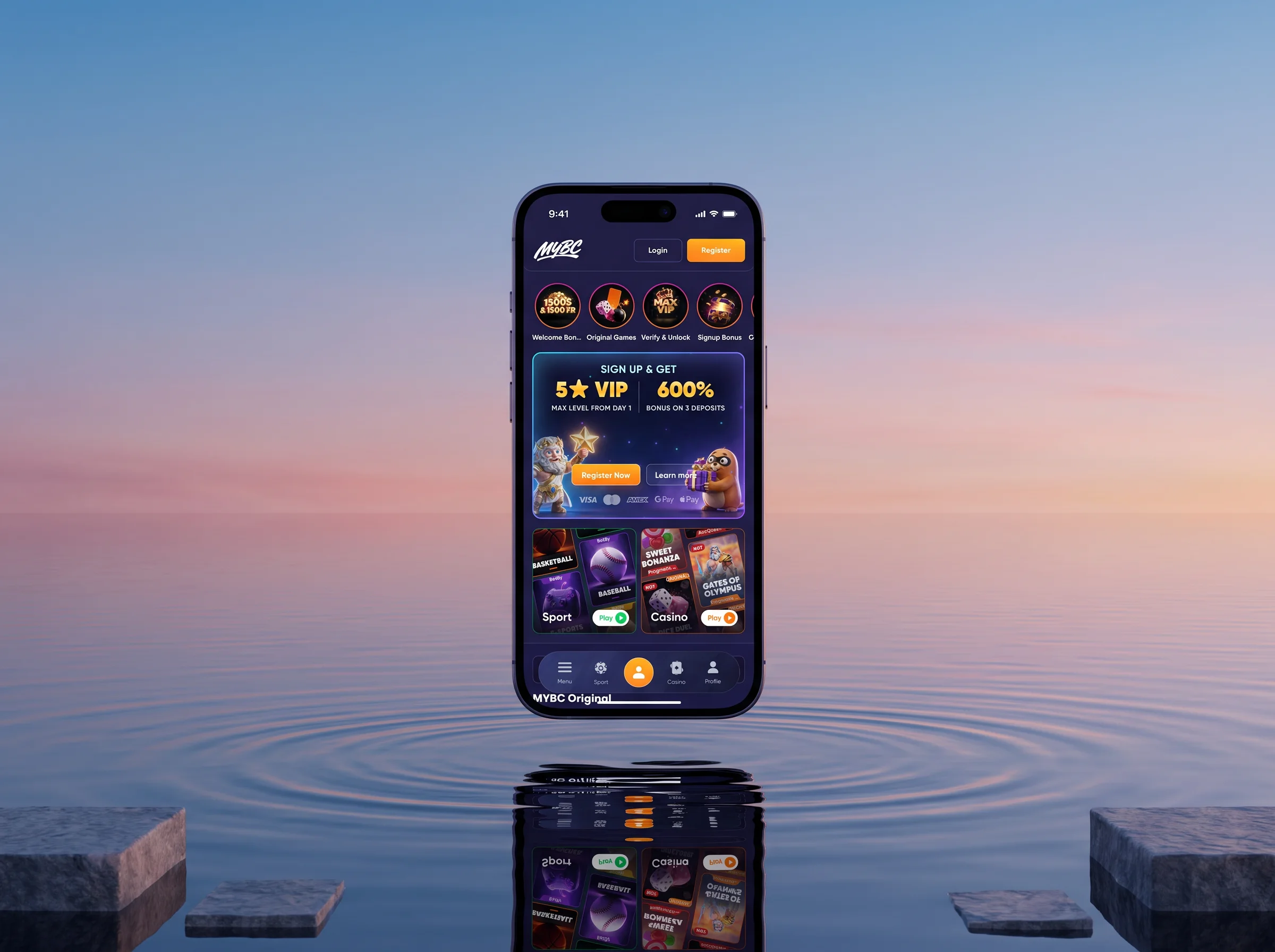 MYBC casino and sportsbook on an iPhone floating over still water at dusk